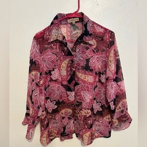Notations Sheer Paisley Floral Button Front Blouse Size L